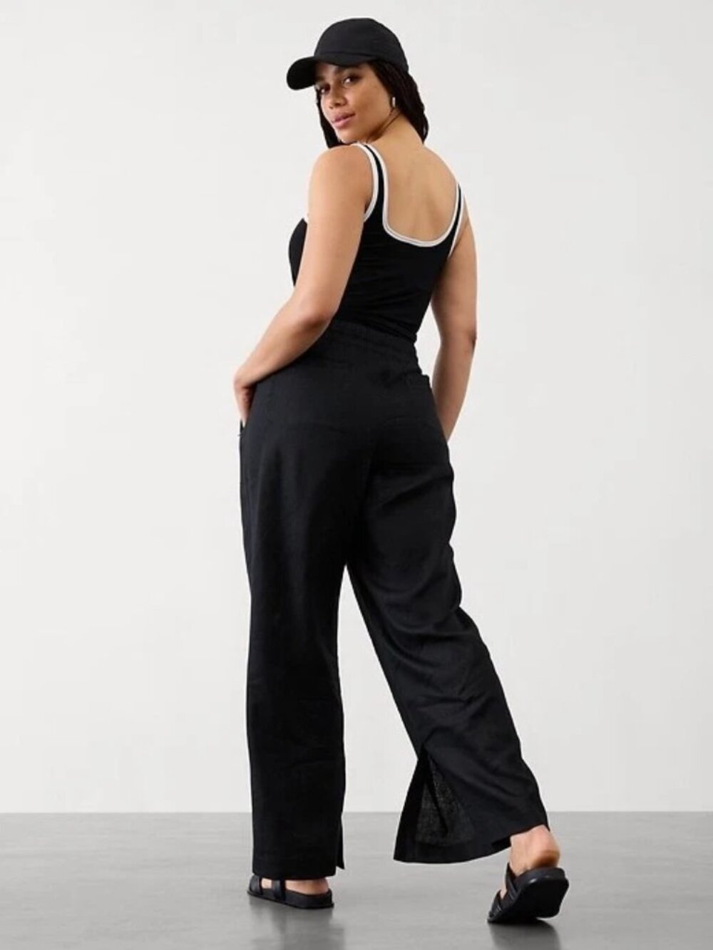 Athleta Retreat Wide Leg Linen Pants Mid Rise Trousers Black Ankle Slit size XL